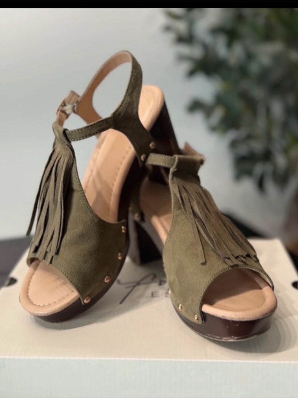 Cato Olive Green Suede Fringe Block Heels